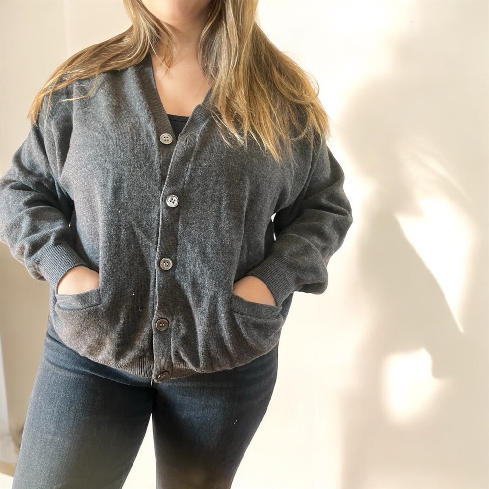 Merino Wool Button-Front V-Neck Cardigan Sweater in Charcoal by Viyella